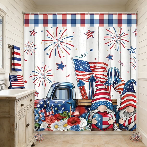 Independence Day Shower Curtain Bathroom Decoration Partition Fabric Digital Printing Bathroom Water Proofing Curtain With Hooks No Punching