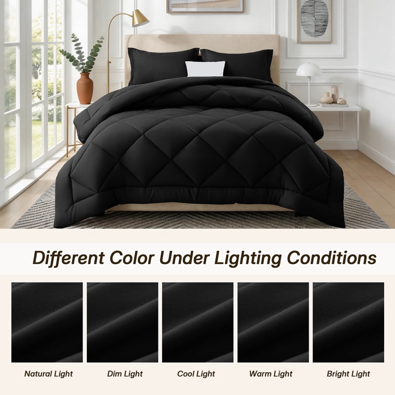 3 Pieces Twin Size Comforter Set, All Season Lightweight Breathable Bedding Set with 1 Down Alternative Comforter and 2 Pillowcases, Black