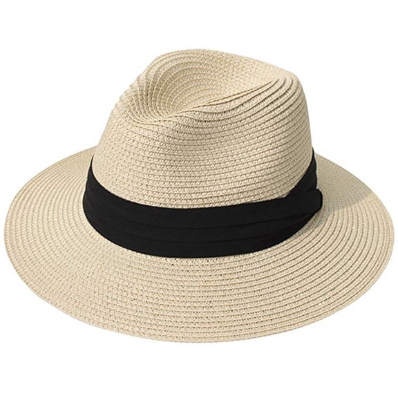 BRGZLK Straw Fedora Hat for Women Summer Travel Casual Wide Edge Lightweight Breathable Panama Hat for Beach Vacation Beige Free