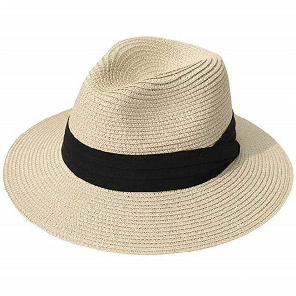 EQWLJWE Sun Hat Womens Straw Fedora Beach Sun Hat, Packable Wide Brim  Panama Hat for Women UV UPF50+ Summer Hat 