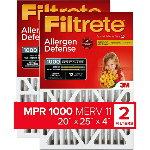 Filtrete 20x25x4, AC Furnace Air Filter, MPR 1000 DP, Micro Allergen Defense Deep Pleat, 2-Pack, Fits Lennox & Honeywell Devices exact dimensions 19.88 x 24.63 x 4.31