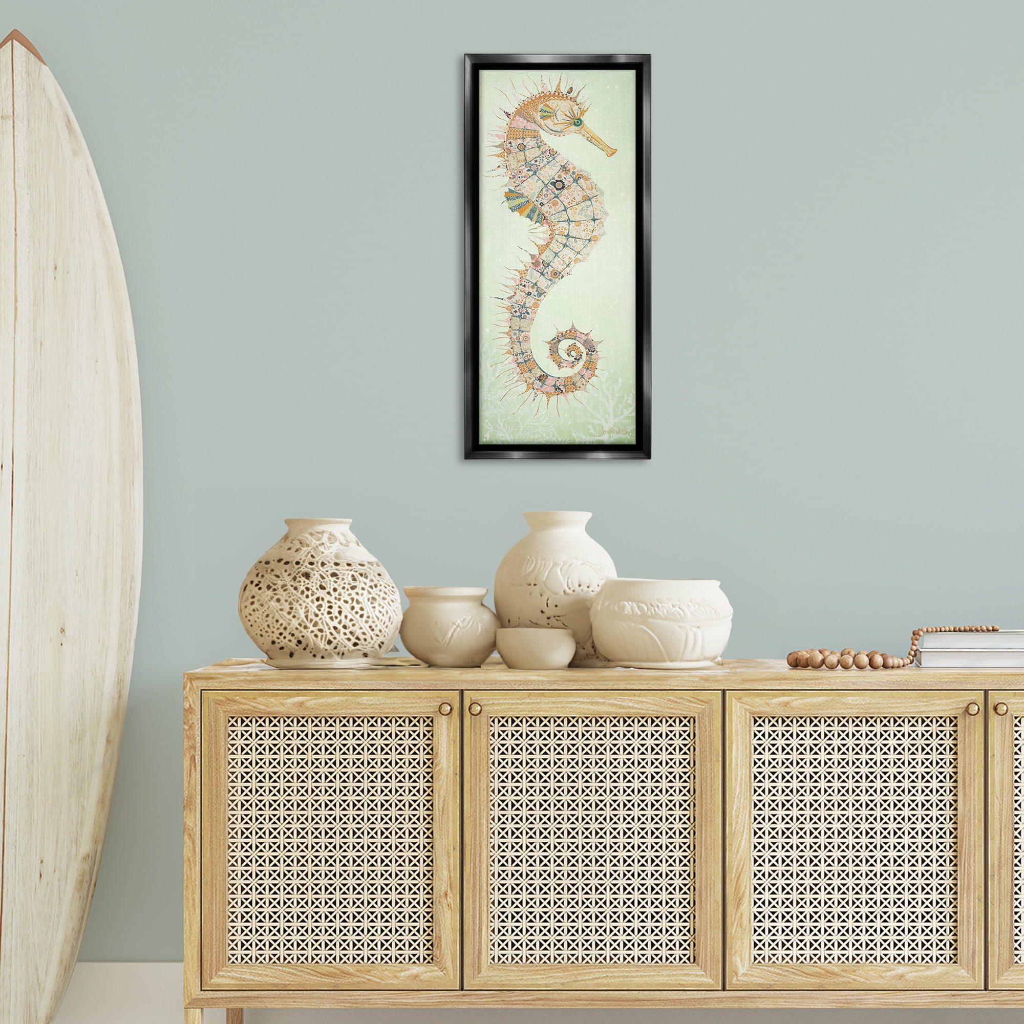 Stupell Industries Patterned Spikey Seahorse Animals & Insects Painting Black Floater Framed Canvas Art Print Wall Art, 15 x 31