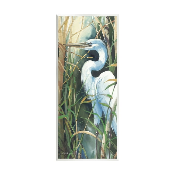 Stupell Industries Egret & Marshland Leaves Animals & Insects Painting Unframed Art Print Wall Art, 7 x 17