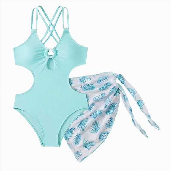 Splozh Little Girls One Piece Swimsuit with Cover Up Skirt, Cute Kids Bathing Suit Swimwear for Toddler Girls Summer Beach Blue,13-14 Years
