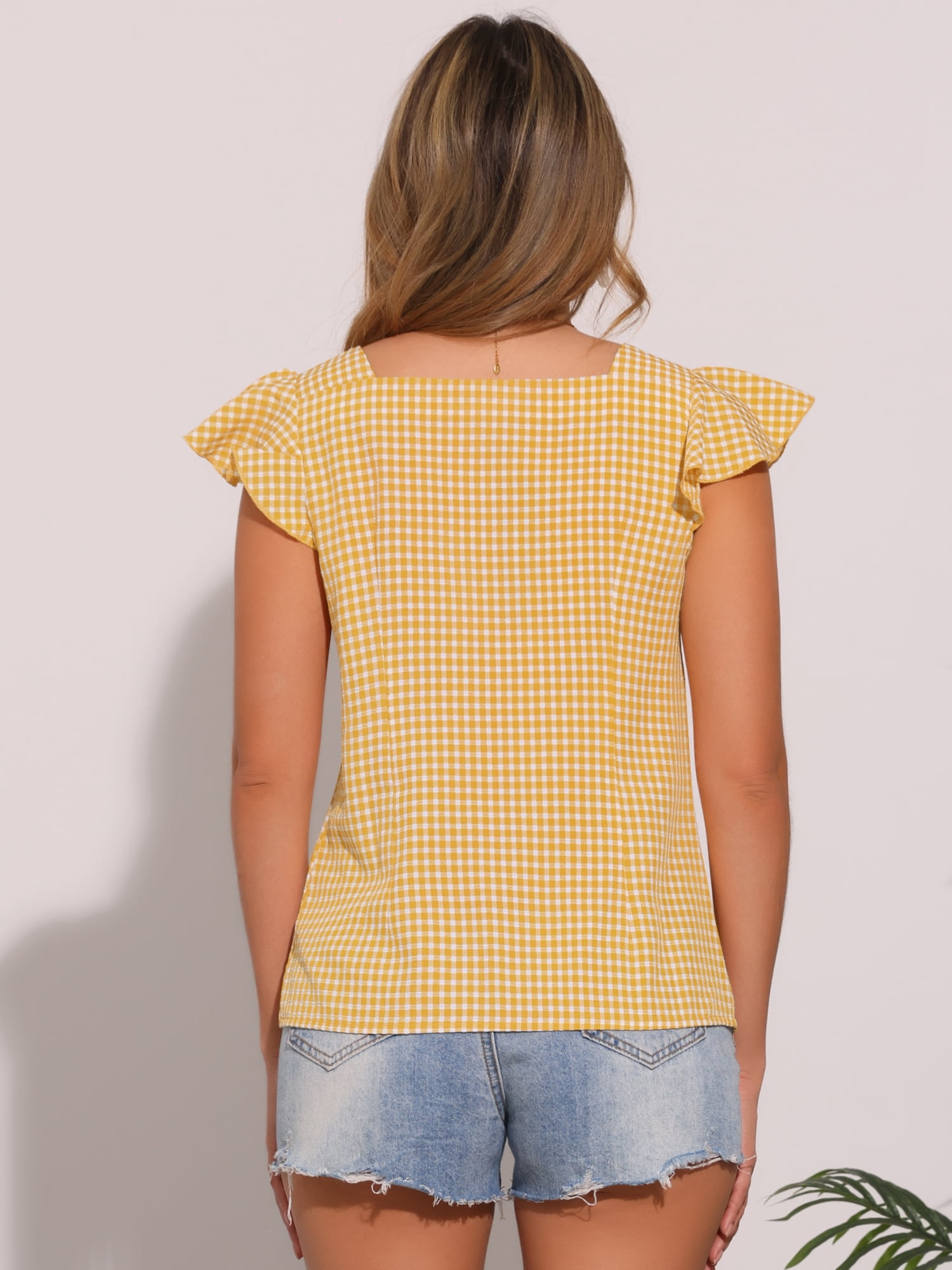 DARING DIVA Gingham Square Neck Ruffle Sleeve Blouse XL Light Yellow