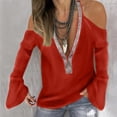 thumbnail image 2 of 2026 Womens Clothing under $5 asdoklhq Long Sleeve Shirts for Women,Women Autumn Deep V-Neck Solid Off-Shoulder Flare Sleeve Sequined Tops, 2 of 7