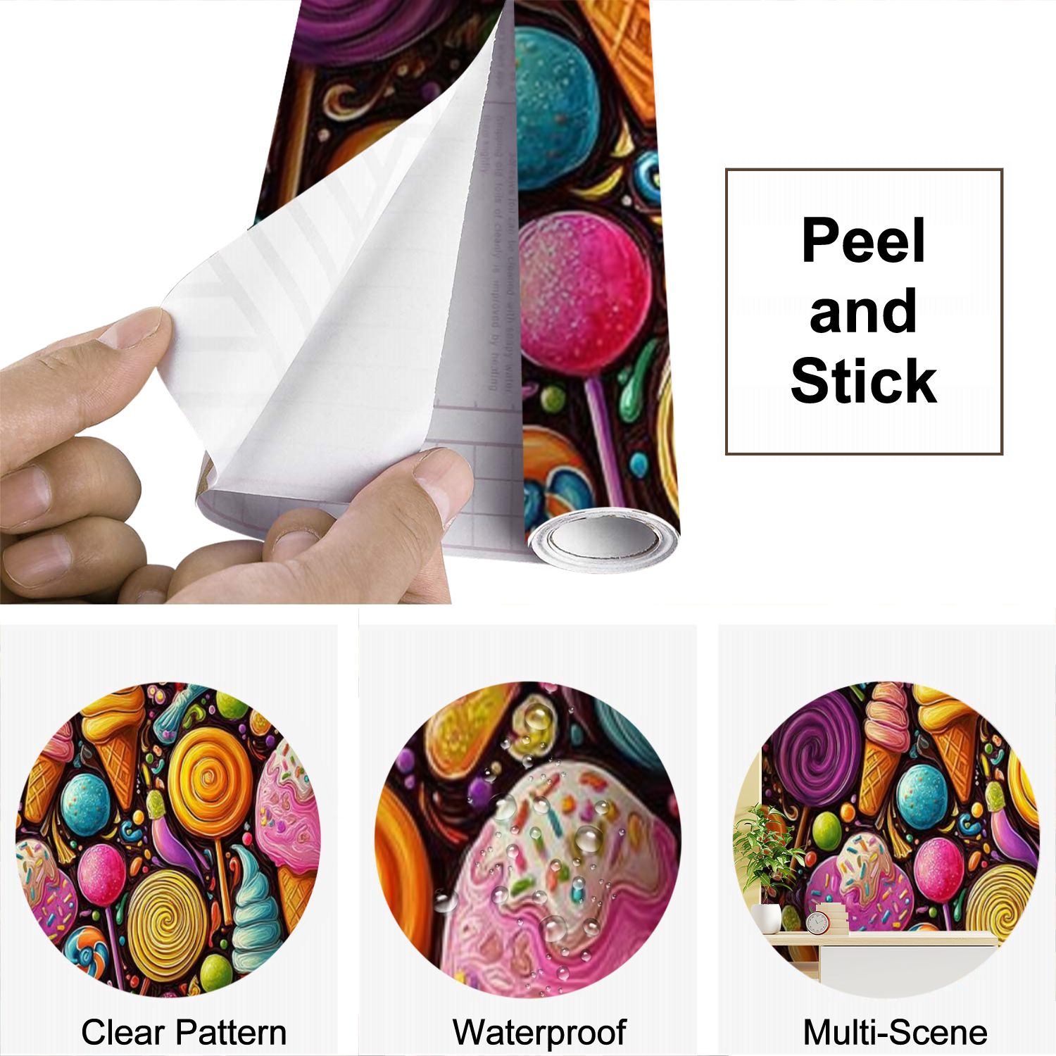 Peel and Stick Wallpaper Cartoon Hand Drawn Ice Cream Doodles Cones Cupcakes Lollipops Modern Art Wall Mural Decor Self Adhesive and Removable 69in x 98in