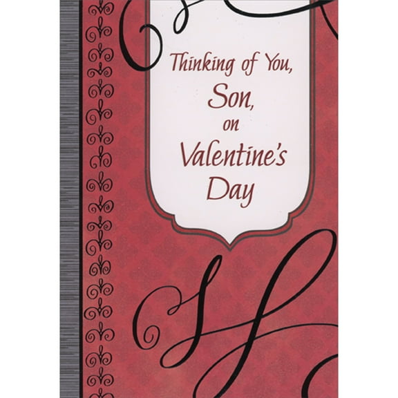 Designer Greetings Gray Column and Repeated Black Swirls Left Border and Swirling Black Lines on Dark Red Valentine's Day Card for Son