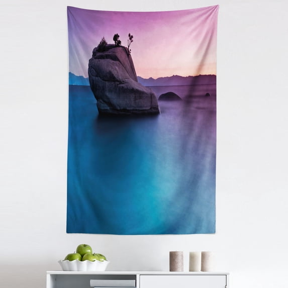 Exotic Tapestry, Bonsai Rock in Lake Tahoe Tropical Surreal Scenery Exotic Vivid Colors Art, Fabric Wall Hanging Decor for Bedroom Living Room Dorm, 5 Sizes, Purple Grey Blue, by Ambesonne