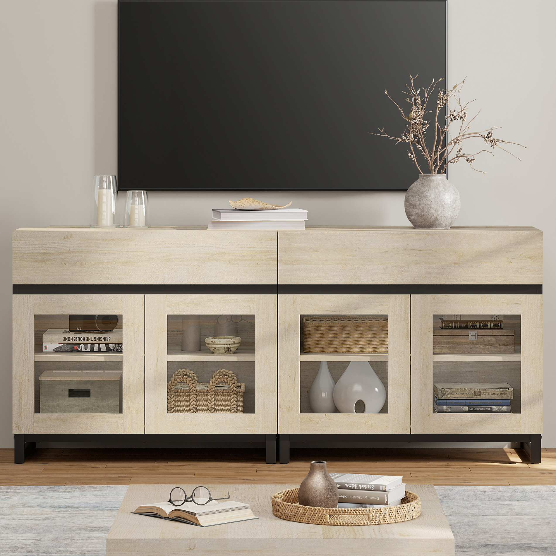 Modern 2-in-1 Modern TV Stand with Glass Doors & 2 Drawers, Heavy Duty Metal Base Media Console, Entertainment Center for 70 Inch TVs, Living Room Bedroom, Beige