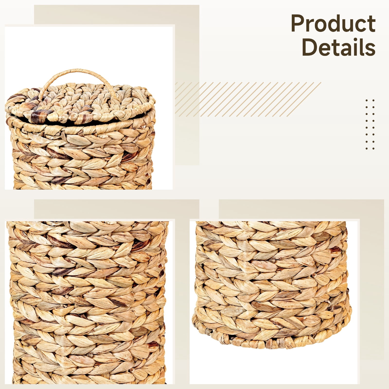Grass Bathroom Trash Can with Lid, Handwoven Waste Basket for Bathroom, Compact Round Design, Long-Lasting Water Hyacinth Material, Vintage Rustic Decor for Bedroom, Office, and More