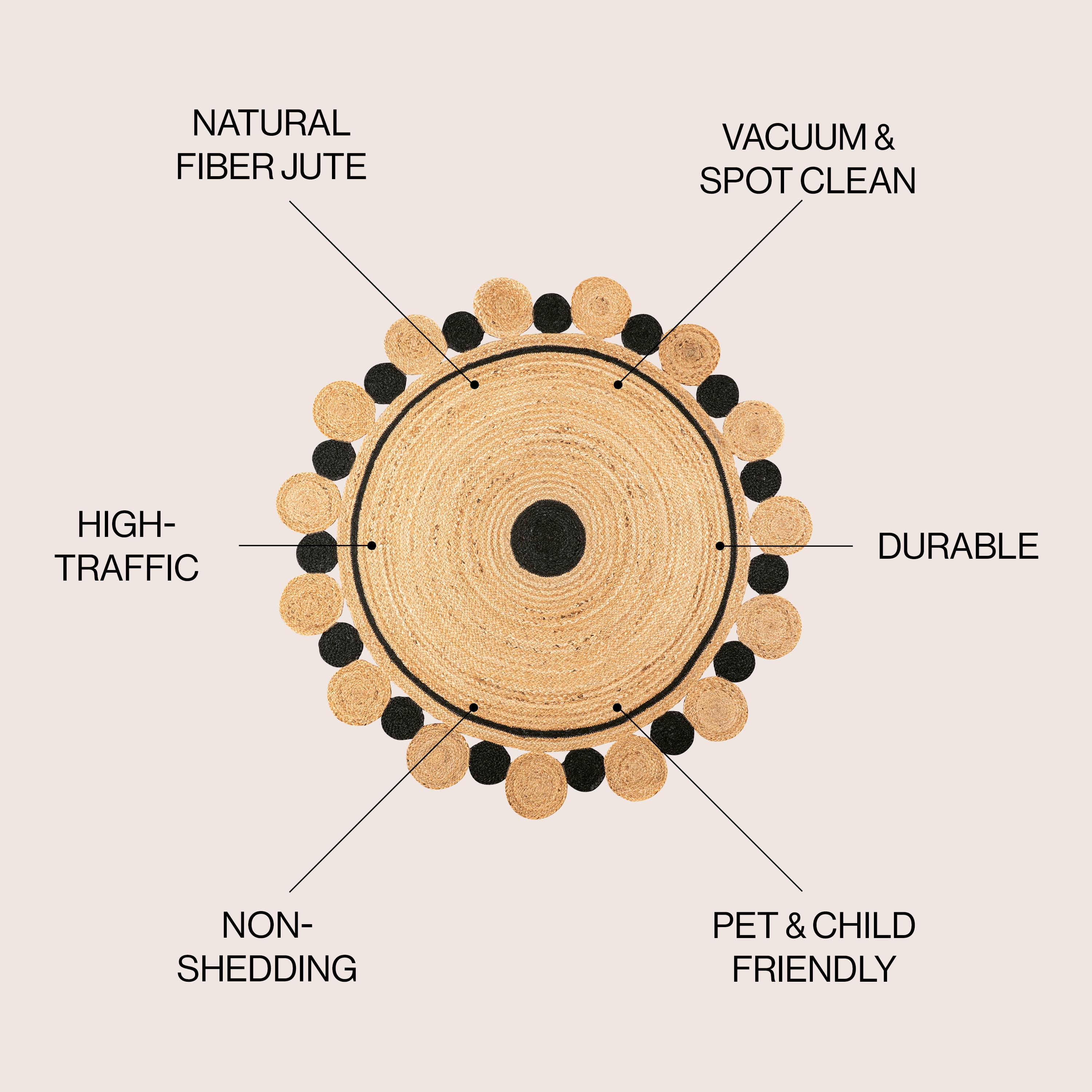 JONATHAN Y ANSA 5' Round Area Rug, Aurora Two-Tone Jute Hippy Circle Medallion - Black/Natural, RNF109A-5R