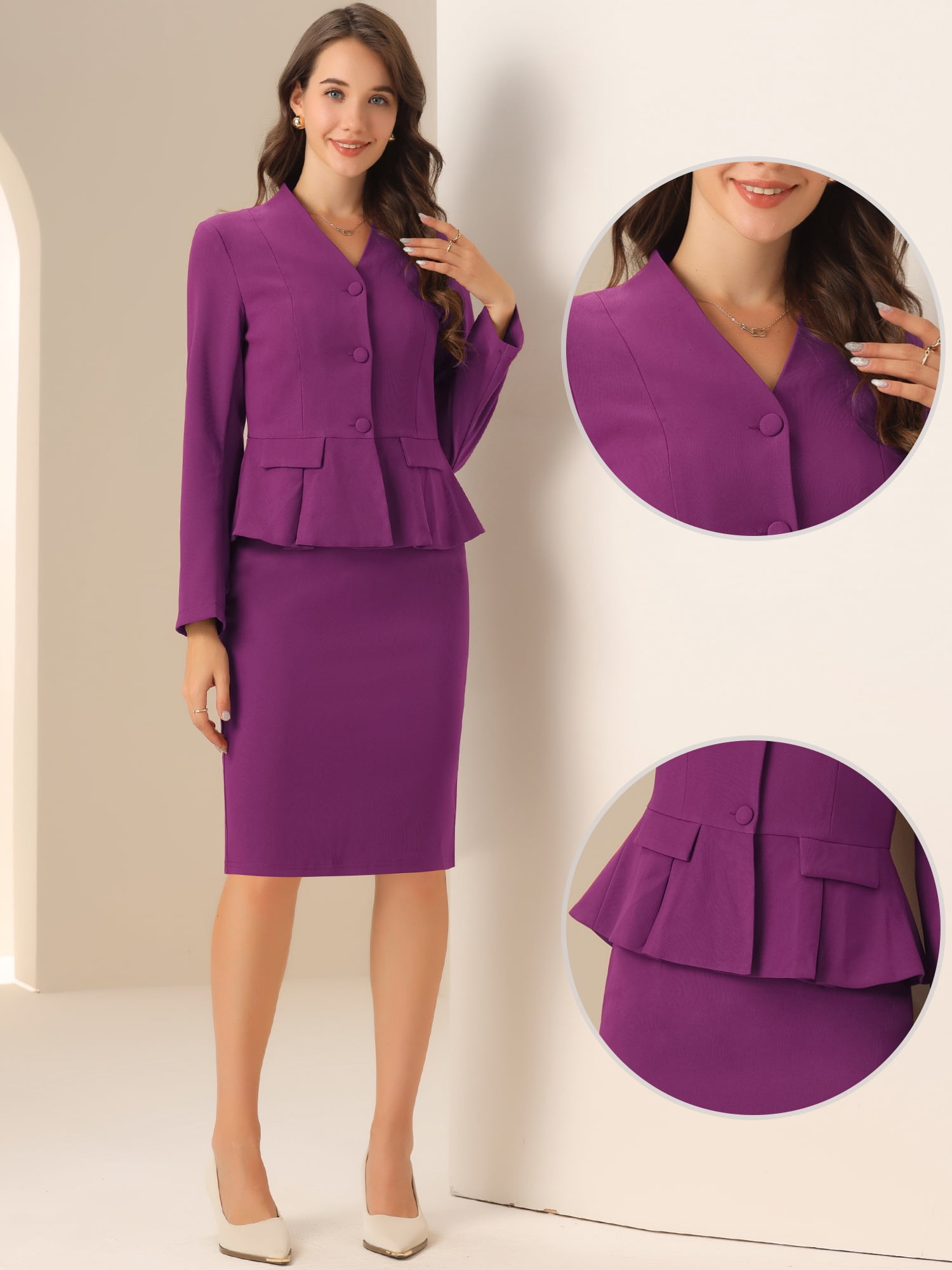 DARING DIVA Women's Collarless Peplum Blazer Sheath Skirts 2 Pcs Suit Set M Dark Purple
