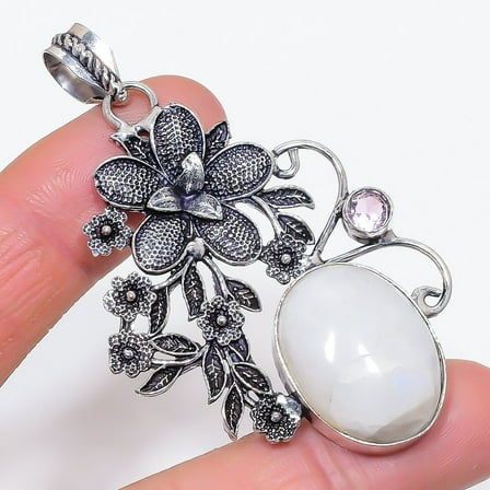 Natural Moonstone, Kunzite 925 Sterling Silver Jewelry Pendant 2.76"
