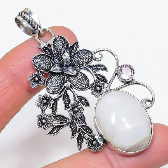 Natural Moonstone, Kunzite 925 Sterling Silver Jewelry Pendant 2.76"