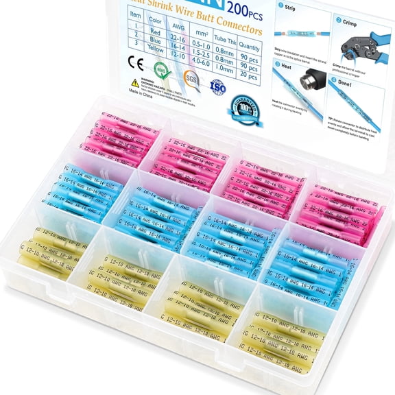 TICONN 200pc Heat Shrink Butt Wire Connectors, Waterproof Crimp Terminal Kit
