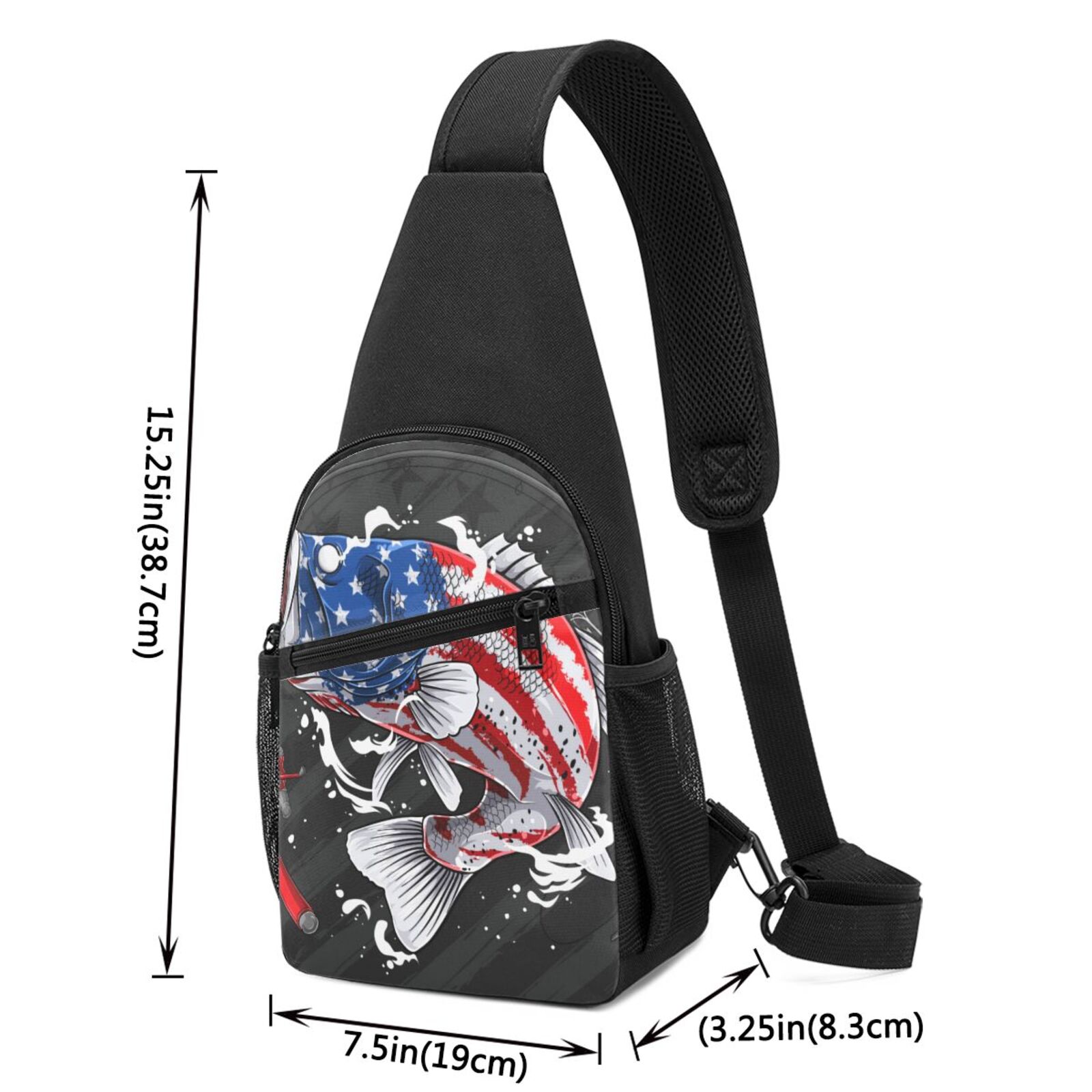 Xecao's Largemouth Bass Fish in USA Print Sling Bag: A Versatile Chest, Shoulder, and Crossbody Backpack for Casual Days Out, Perfect for Both Men and Women