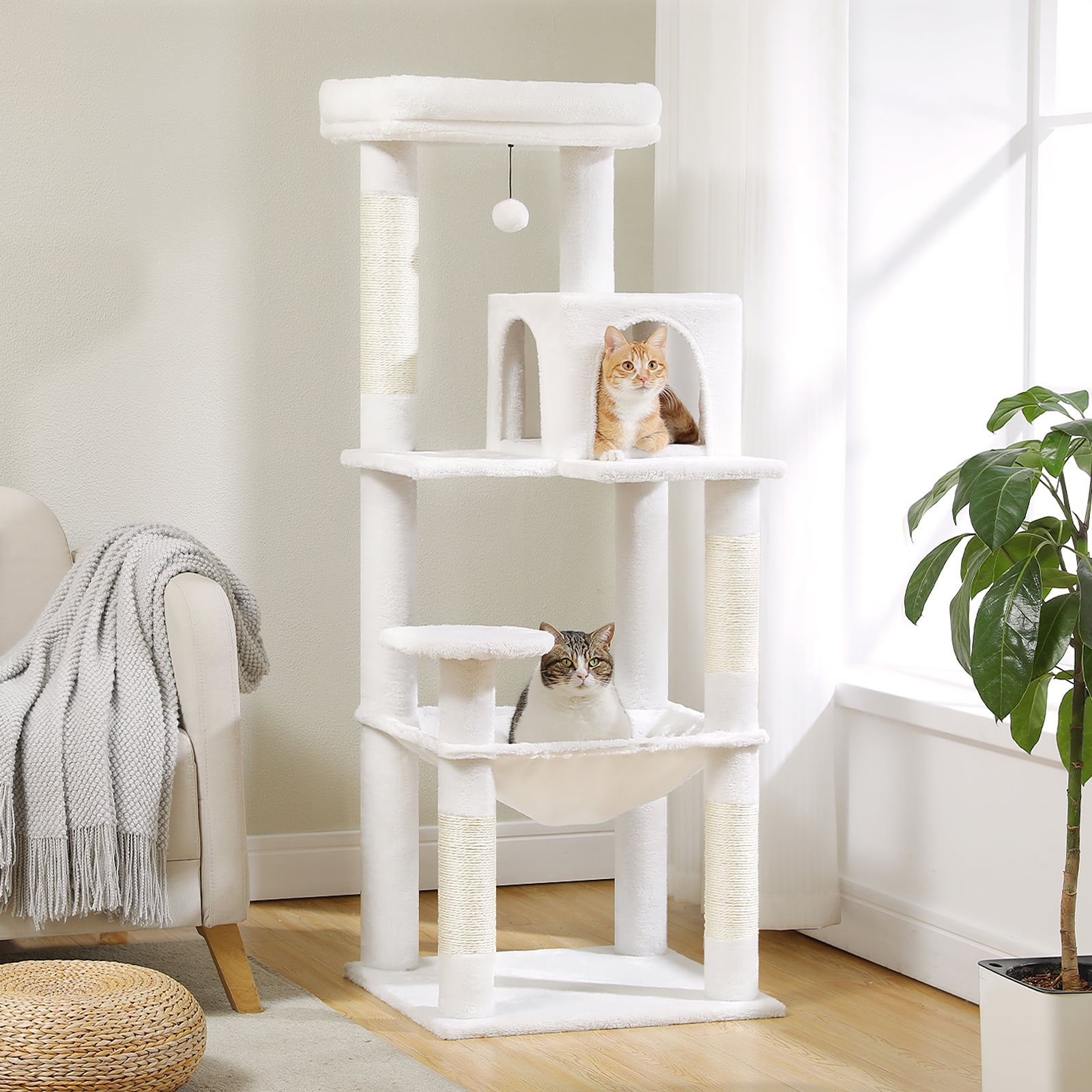 Kadyn 56" Wood Cat Tree Tower for Large Cats, Cat Tree House for Indoor Cats with Cozy Cat Condo, Super Large Hammock and Plush Perches, White