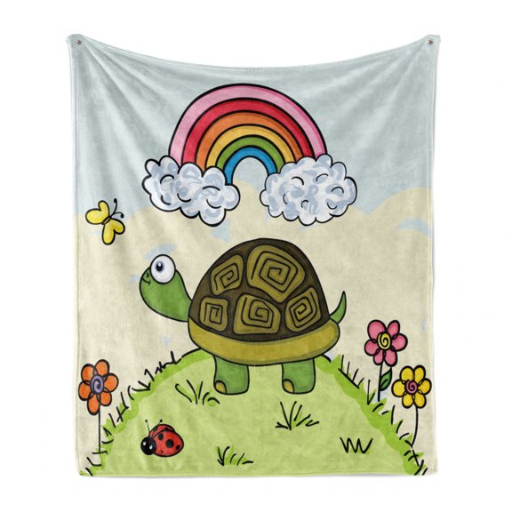 Turtle Soft Flannel Fleece Blanket, Cartoon Animal Looking at a Butterfly on Hill Spring Season Colorful Nursery Doodle, Cozy Plush for Indoor and Outdoor Use, 60" x 80", Multicolor, by Ambesonne