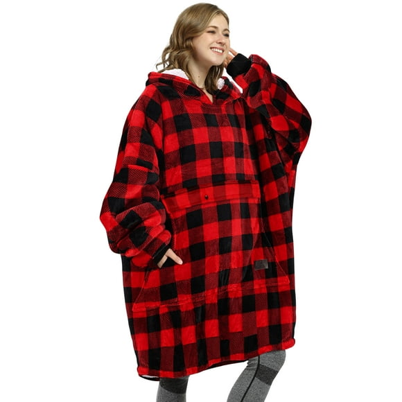 Catalonia Buffalo Plaid Oversized Wearable Blanket Hoodie Sweatshirt Comfortable Sherpa Lounging Pullover For Adults Men Women Wife Girlfriend Gift