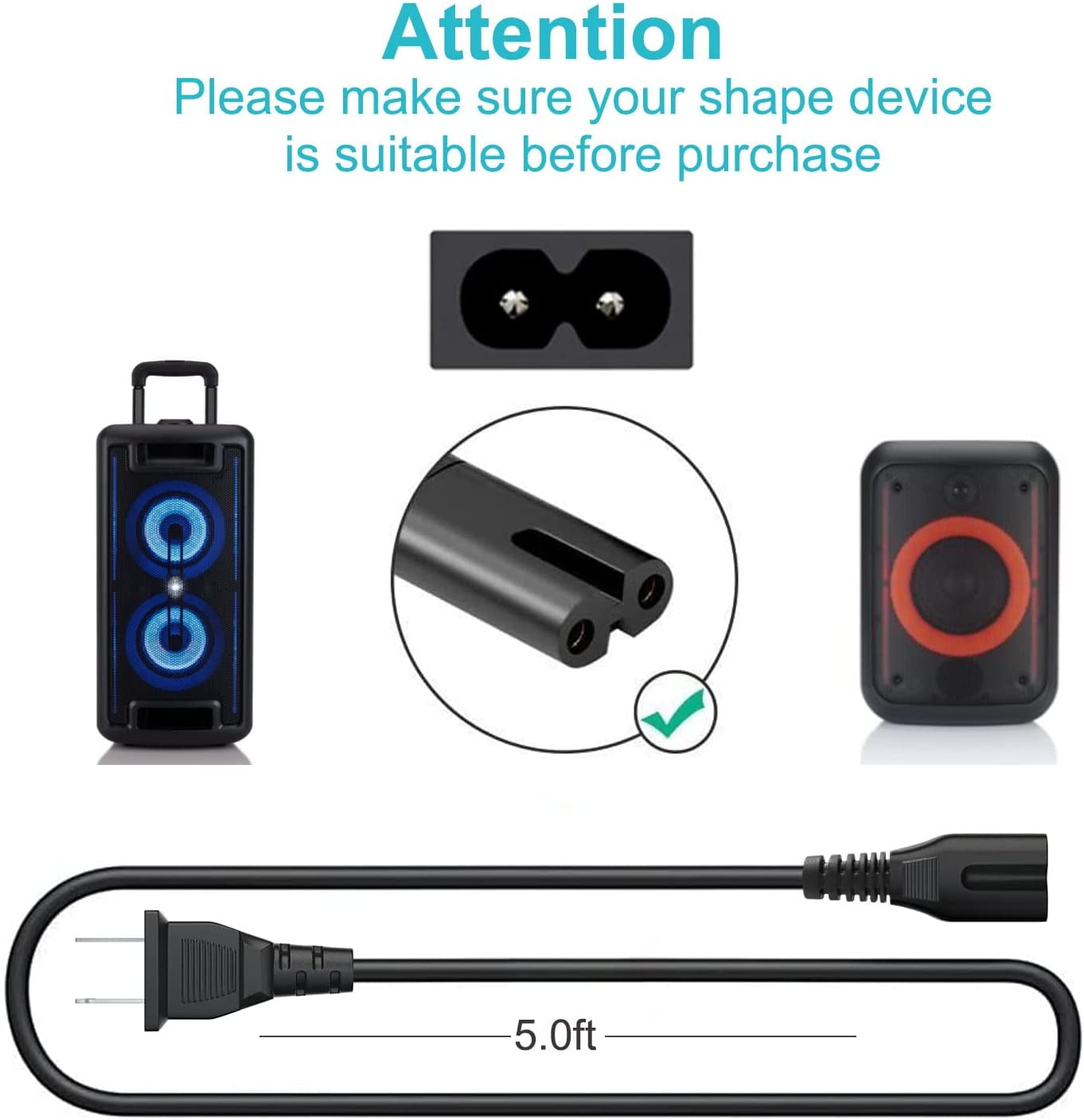 2 Prong AC Power Cord Fit for ONN. 100008734 100008736 Large Medium Party Speaker,ONN. 2.0 2.1 32" 36" 42" Roku Smart