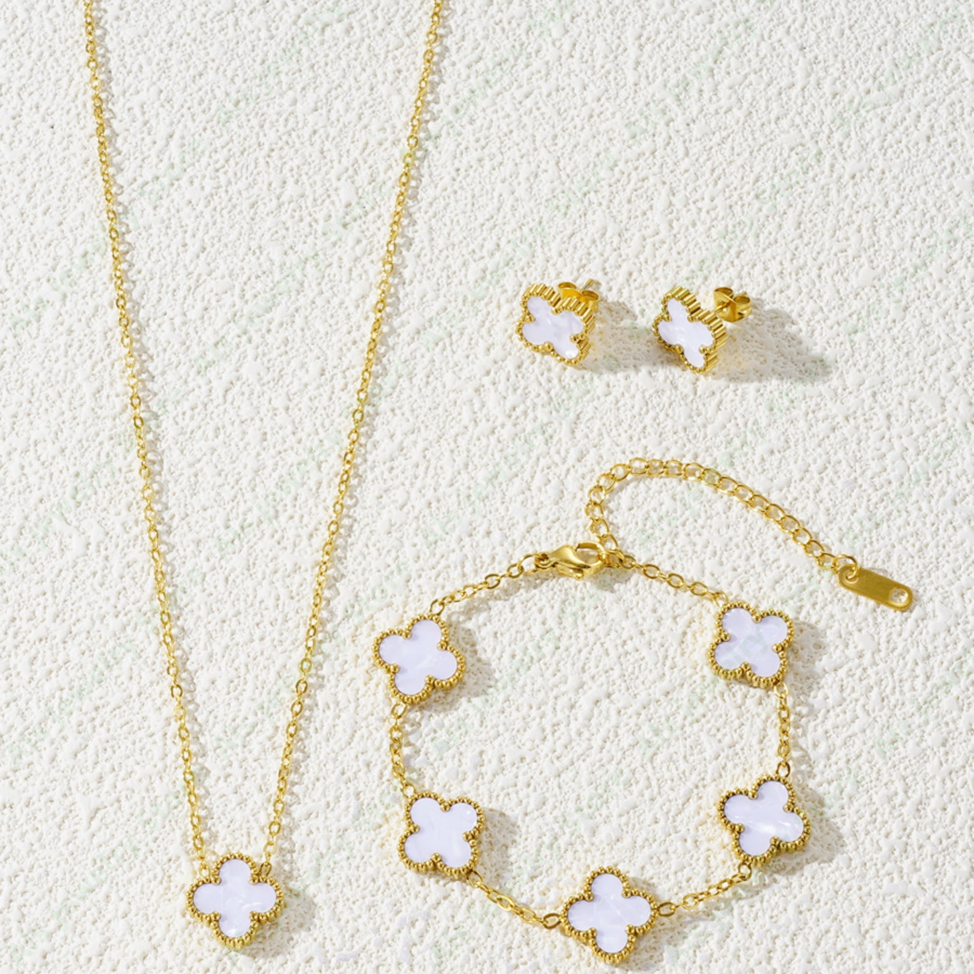 Vintage Lucky Four Leaf Clover Jewelry Set – Gold Chain White Shell Clover Necklace, Bracelet, Earrings, Perfect Jewelry Set for Women