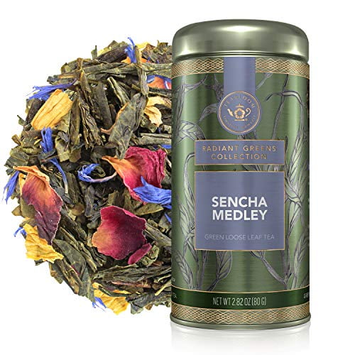 Teabloom Floral Green Tea, Sencha Medley Loose Leaf Tea Leaves, Hand-Picked Ingredients, Fresh Whole Leaf Blend in Reusable Gift Canister, 2.82oz/80 g Canister Makes 35-50 Cups