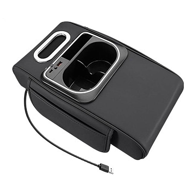Multi-Functional Car Center Console Armrest Organizer, 5-in-1 Auto Armrest Cushion with Dual Storage Bags, Cup Holder, USB Charging, Ambient Light for Vehicle Interior Accessories