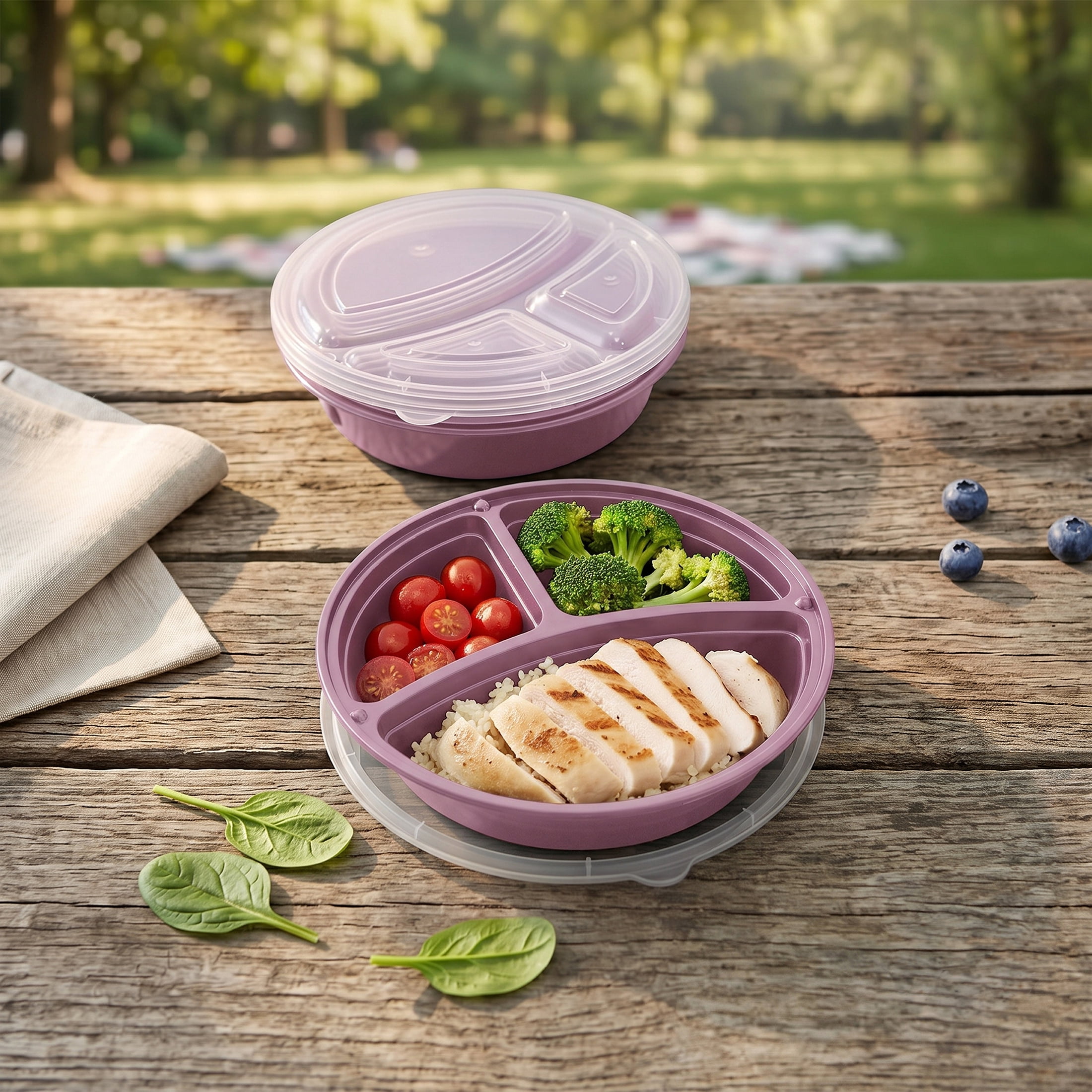 Mainstays 5-Pack 3-Compartment Round BPA-Free Plastic Meal Prep Food Storage Containers, 1L, Lilac Bloom