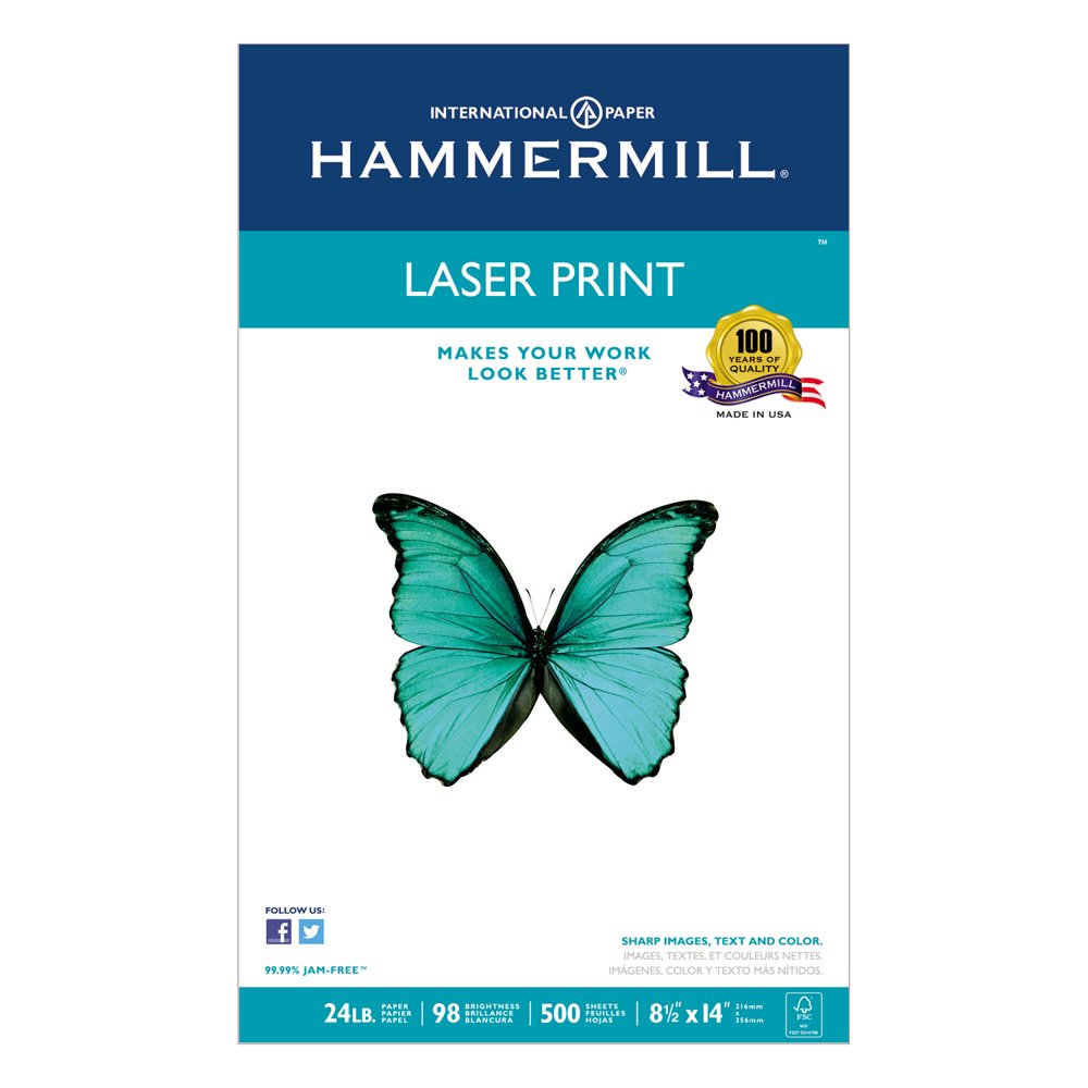 Hammermill, HAM104612, Laser Print Office Paper, 98 Brightness, 24lb, 81/2" x 14", White