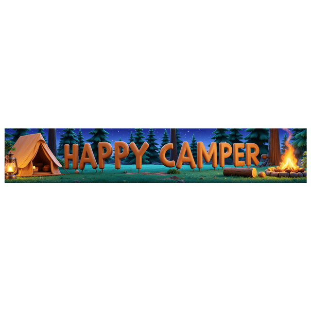Forest Design Happy Camper Tent Banner Campfire Nature Scene for Outdoor Adventure Camping Event