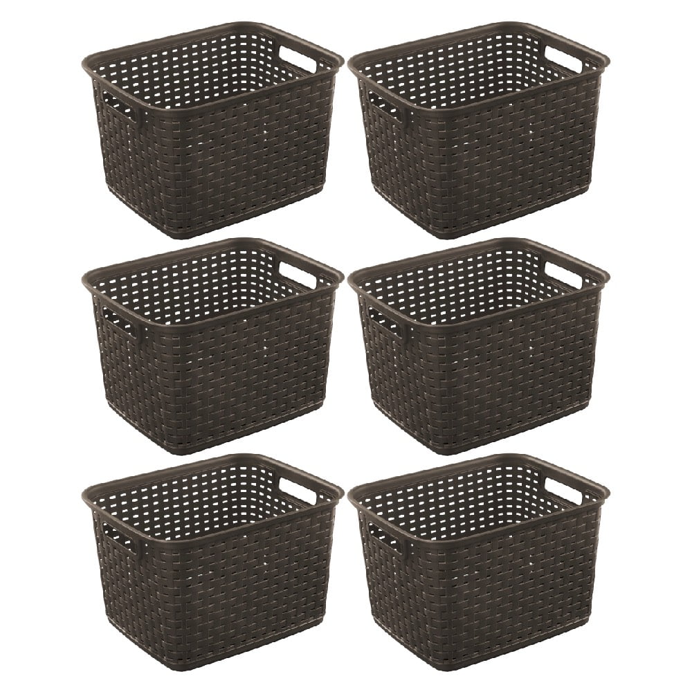 Sterilite 1273 Tall Weave Basket Wicker Look Storage Bin Plastic Cement Gray 3PK 