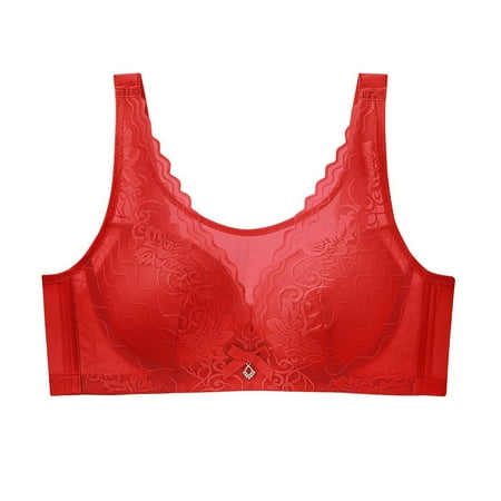 Yyeselk Wireless Bras for Women Full Coverage No Underwire Bra Lace Floral Push Up Bra Breathable Wire Free Bra Daily Bra Red 44/100C