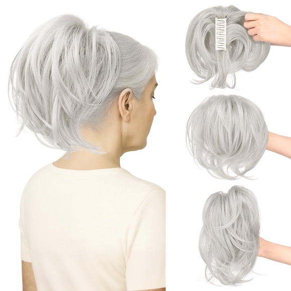 Sofeiyan Claw Clip Short Ponytail Extension DIY Bendable Wires Hair Hun Fluffy Fake Hair Piece Straight Synthetic Hair Ponytail Extensions for Wonen - Silver Grey