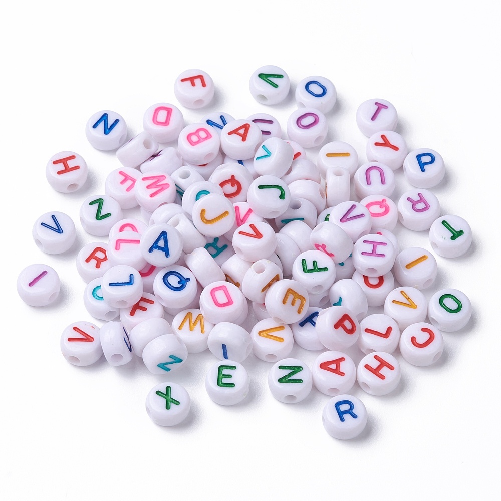 Opaque White Acrylic Beads Flat Round with Mixed color Letter Letter 7x3.5mm Hole: 1.2mm about 4000pcs/500g
