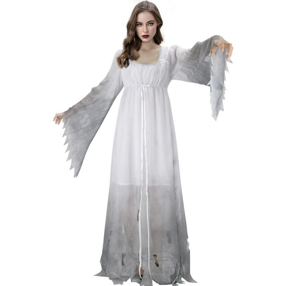 HLENOK Adult Women Gossamer Ghost Bride Costume Dress White Gothic Victorial Scary Spooky Zombie Halloween Cosplay Dress Up (Medium)