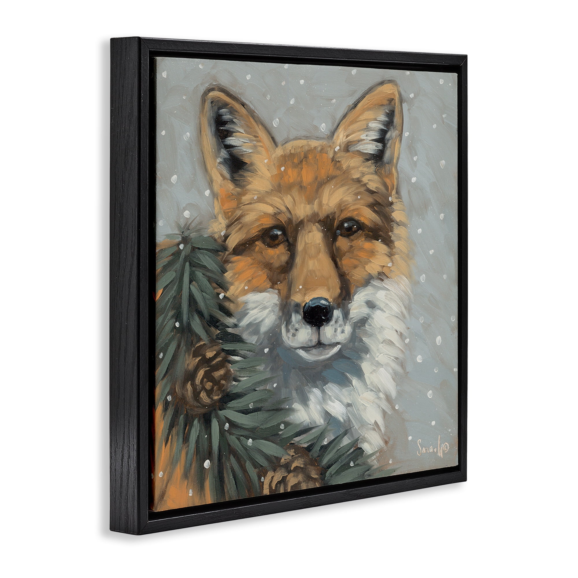 Stupell Industries Fox with Snowy Pinecones Holiday Painting Black Floater Framed Canvas Art Prints Wall Art, 25 x 25