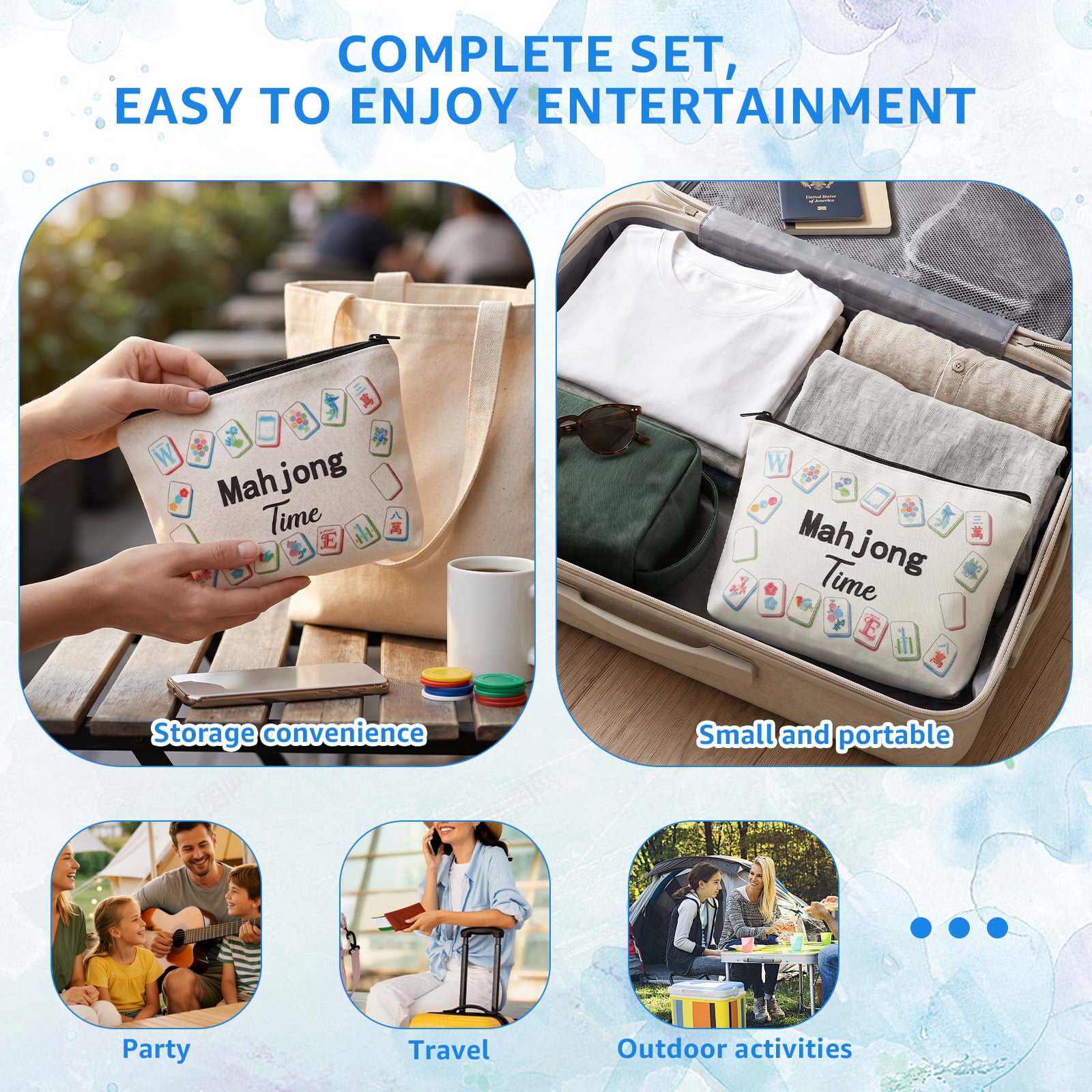 265 Pcs Mahjong Playing Cards American Style Blossom Numbered Large Print PVC Poker Mahjong Tiles with 4 Dices for Travel Home, Portable Gift