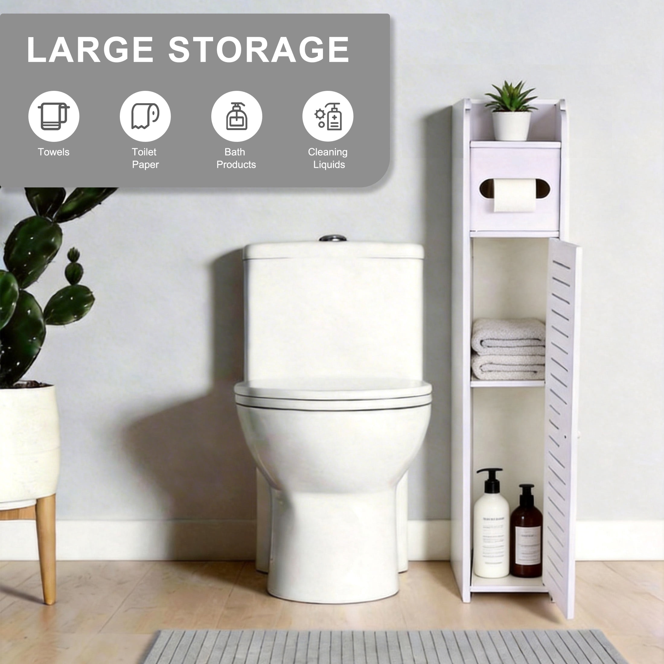 Small Bathroom Storage Cabinet, Freestanding Toilet Paper Storage with Door and Shelves, Corner Floor Cabinet, Bathroom Organizers and Storage for Small Spaces, White