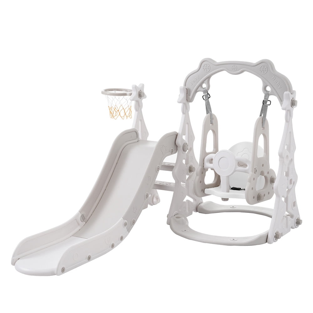 Ecarpat Slide and Swing Set 3 in 1 with Basketball Hoops for Toddler Kids, Indoor & Outdoor, Grey