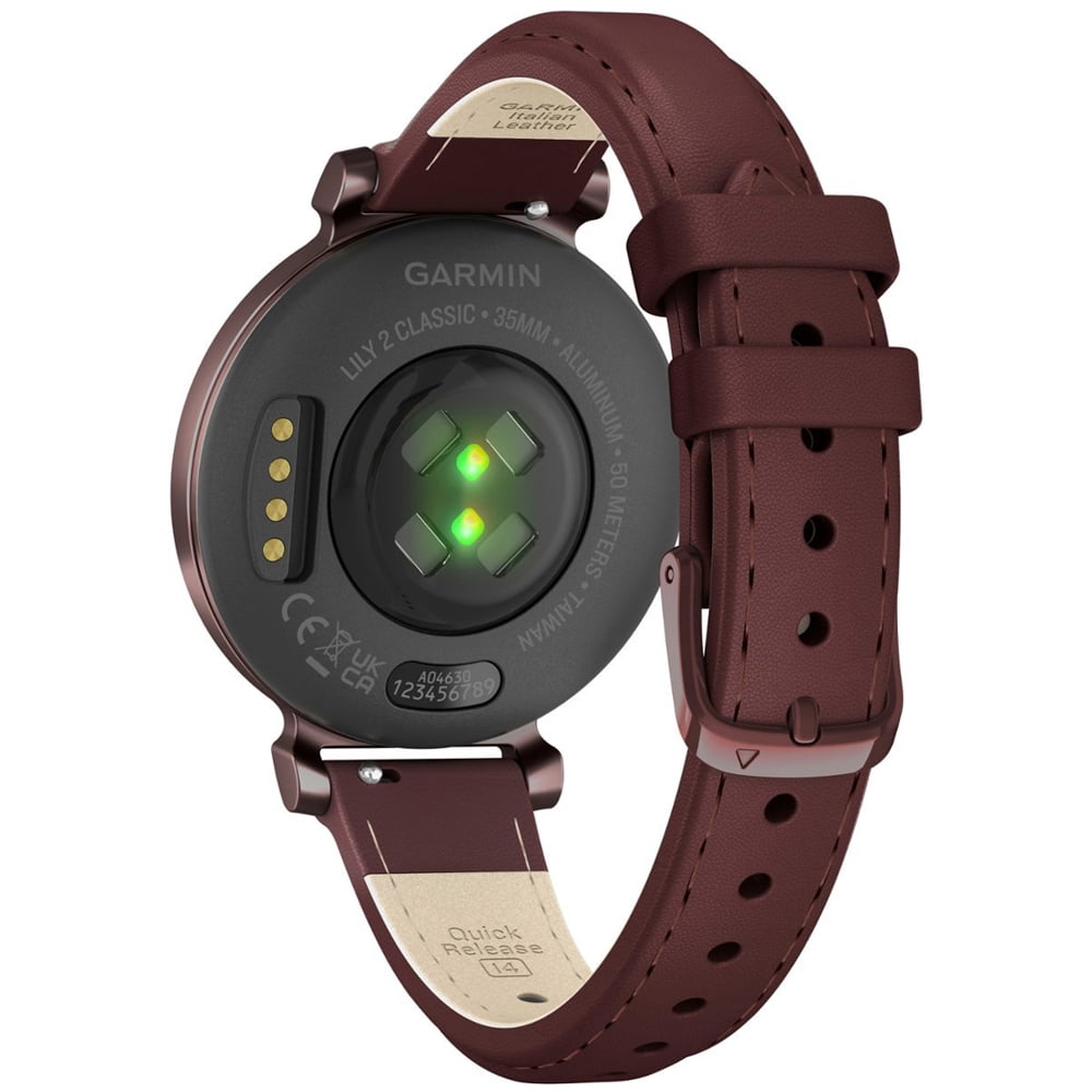 Garmin 010-02839-03 Lily 2 Classic Dark Bronze with Mulberry Leather Band Smartwatch Bundle with Sport Towel + Deco Essentials Wearable Commuter Front & Rear Safety Light| Official Garmin USA Dealer