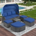 thumbnail image 3 of Patio Daybed for Outdoor, Rattan Patio Furniture Set Sectional Conversation Sofa Set, 6pcs Outdoor Daybed with Retractable Canopy, Cushions, Pillows, Liftable Table, Gray Rattan & Blue Cushion, 3 of 13