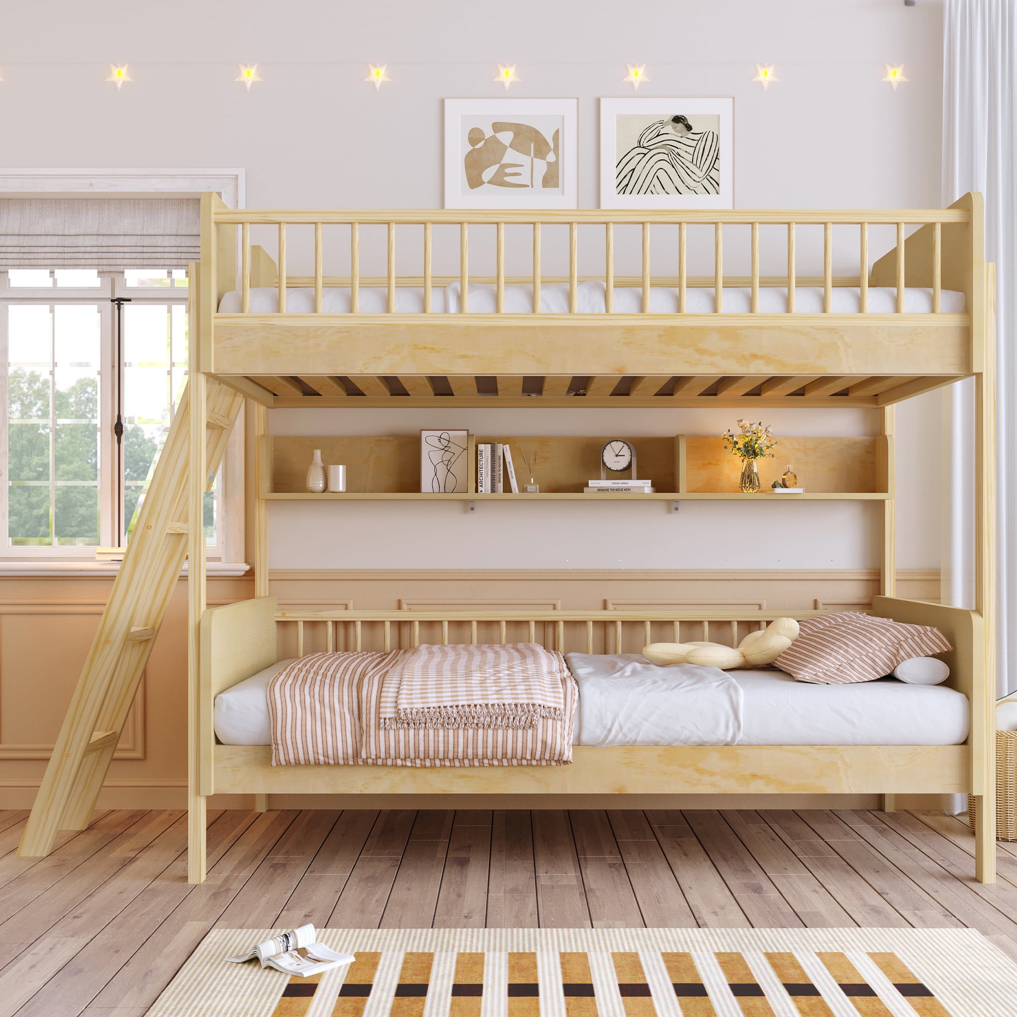 Yoneston Twin Over Twin Size Bunk Bed with 3 Storage Shelves, Wooden Platform Bed Frame with Safety Guardrails & Adjustable Ladder for Kids Teens Bedroom Dorm, Natural