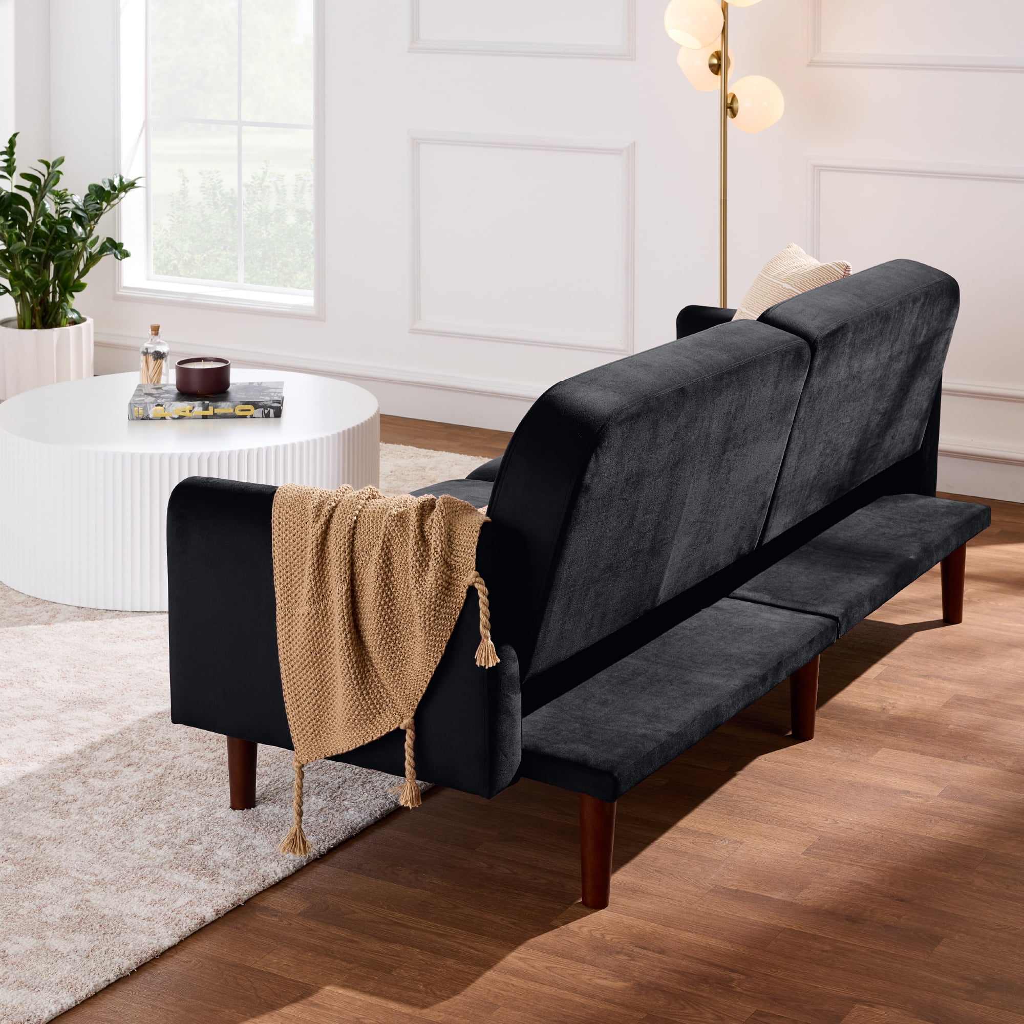 Best Choice Products Curved Convertible Futon, Velvet Fabric Split-Back Sleeper Bed - Onyx Black