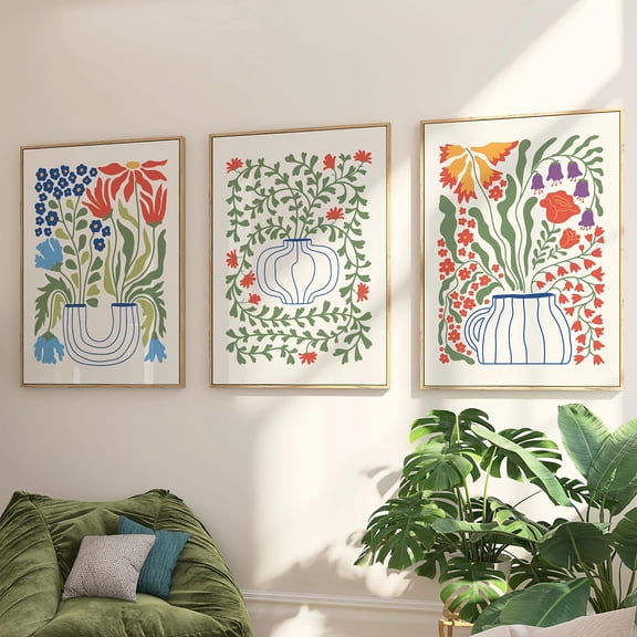3pcs/set Floral Plant Canvas Wall Art Set, Colorful Scandinavian Home Decor, Potted Plants Print Art Prints, Gallery Wall Floral Market Poster for Home Office, Living Room, Bedroom Decor, Unframed