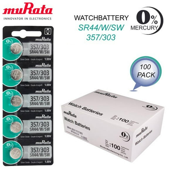 Genuine Murata 303 357 Sr44w Silver Oxide Watch Battery 1.55v 100 pack