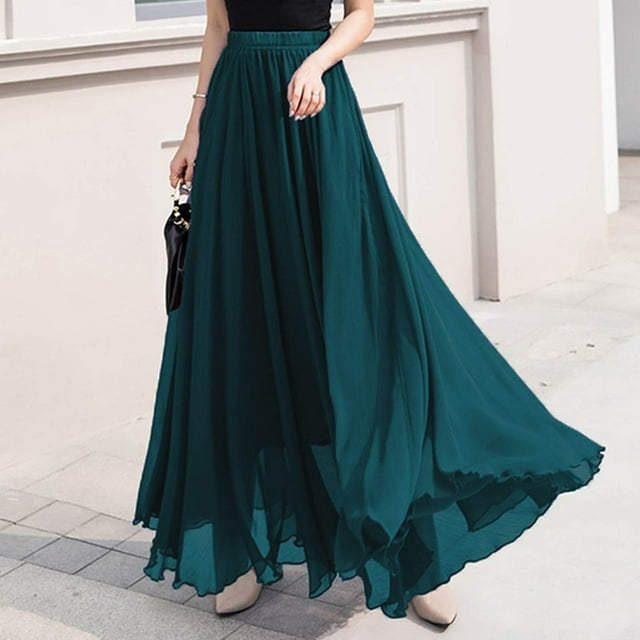 Ounisa Women Full/Ankle Length Elastic Pleated Retro Maxi Chiffon Long Skirt