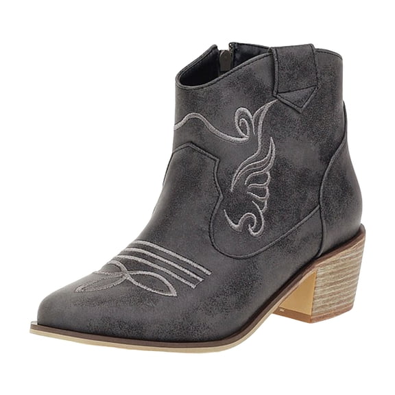 YLYL Women's Ankle Boots Embroidered Point Toe Side Zipper Chunky Heel Western Cowboy Short Booties