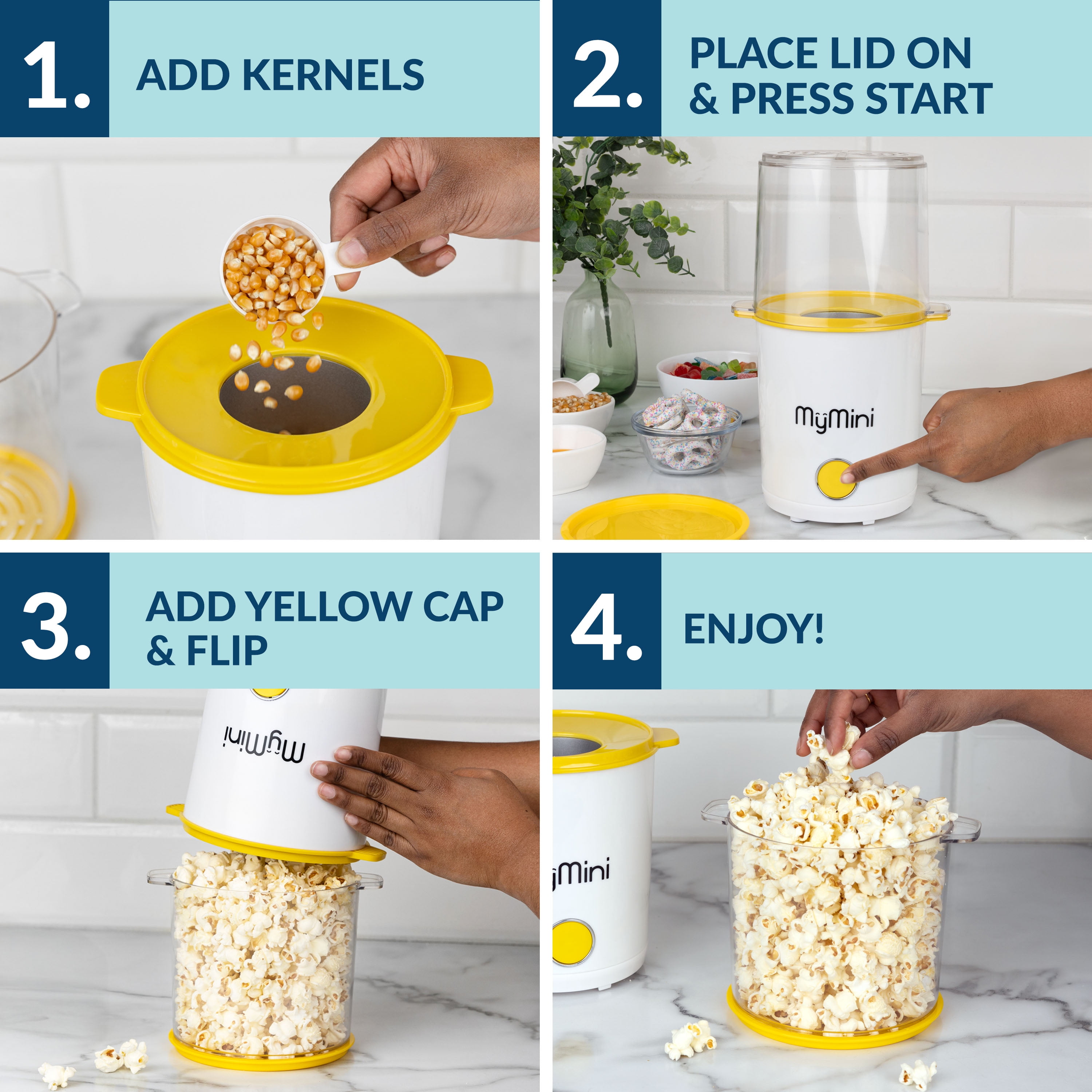 MyMini 8-Cup Hot Air Electric Popcorn Popper and Bowl, 800 Watts, White & Yellow