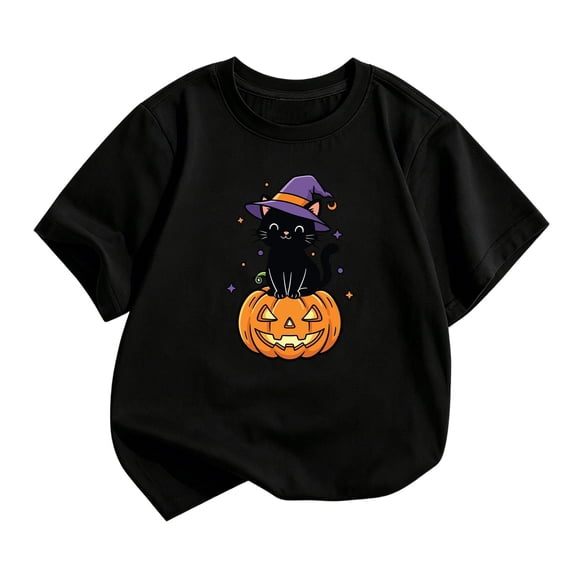 Gunia Halloween Tshirts For Kids Cat Pumpkin Graphic Print Short Sleeve Crew Neck Casual Thanksgiving Tees Tops Toddler Boys Girls T-Shirts Black 2-14 Years